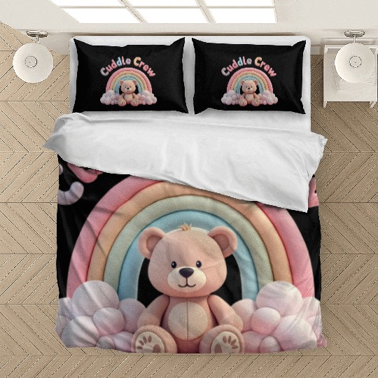 Soft teddy bear sitting under a rainbow Bedding Sets