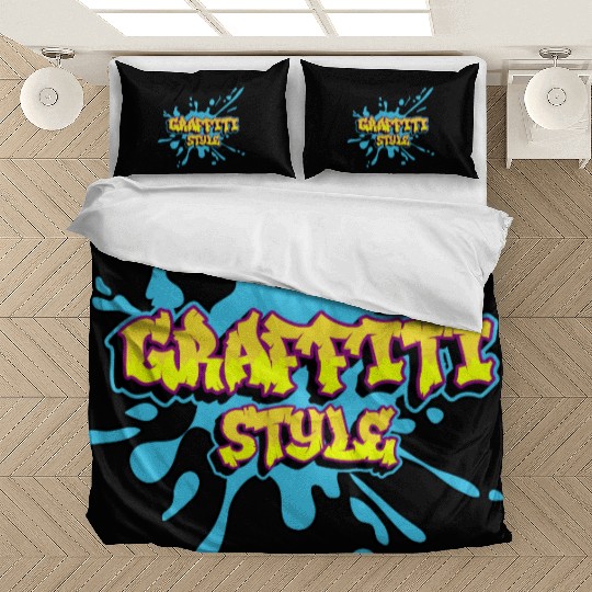 Graffiti Text Style Design D83C DFA8 with a splash of blue Bedding Sets