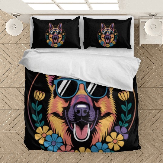 Trendy German Shepherd in Floral Style Bedding Sets