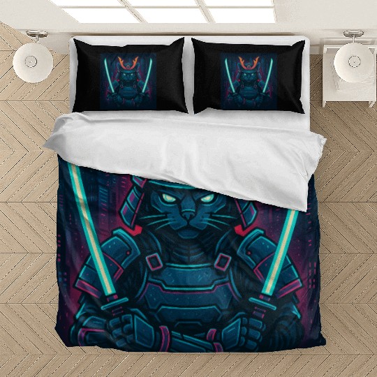 A futuristic samurai cat in neon armor with glo Bedding Sets