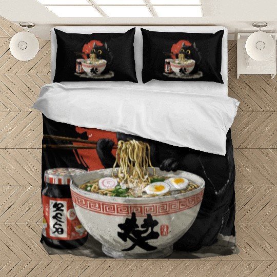 Black Cat Eating Ramen Japanese Funny Cat Bedding Sets