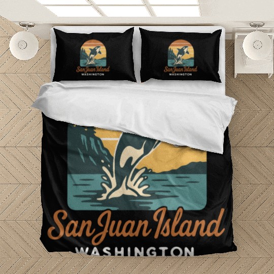 San Juan Island Washington Orca Whale Retro Sunset Bedding Sets