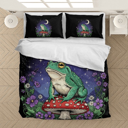 Green Frog on Red Mushroom - Starry Night Bedding Sets
