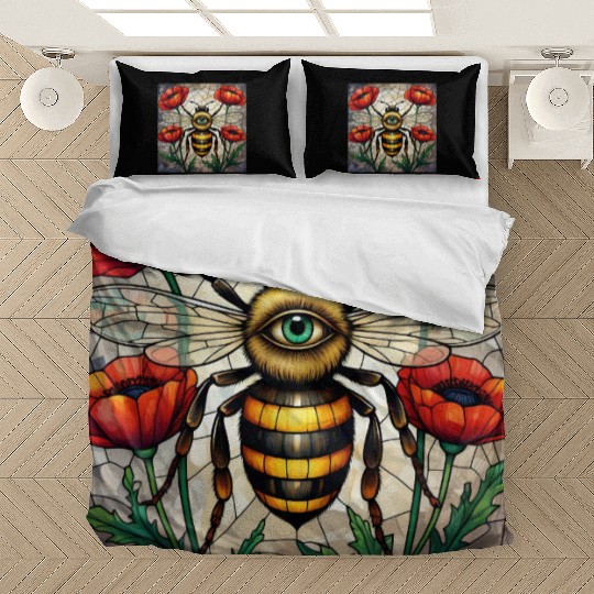 Bumble bee stained glass vibrant poppy flower eye Bedding Sets