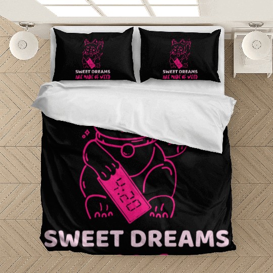 Neon Maneki Neko with Weed Motif Bedding Sets