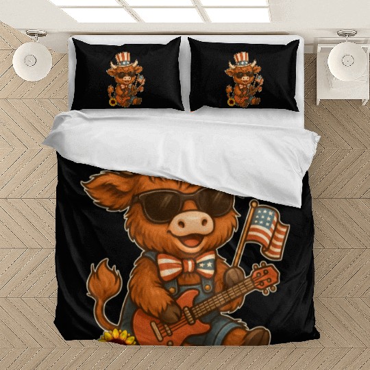 Funny Highland Cow Patriotic Outfit Playing Guitar Bedding Sets