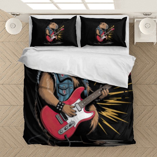 Cool Capybara Playing Electric Guitar Bedding Sets
