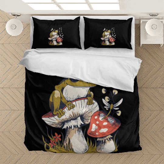 Whimsical Frog and Mushroom Forest Scene Bedding Sets