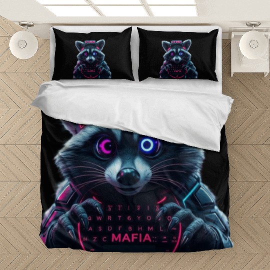 Cyber Raccoon with Neon Mafia Theme Bedding Sets