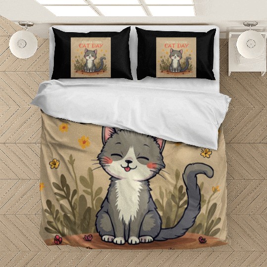 Cute Gray Boy Cat for International Cat Day Bedding Sets