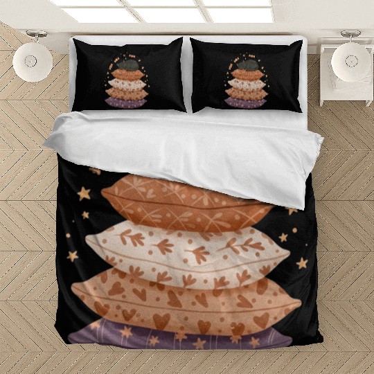 Whimsical Sleepy Cat on Patterned Pillows Bedding Sets
