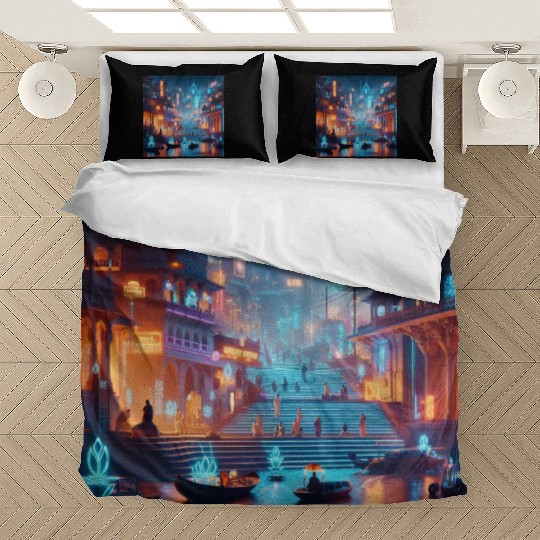 Neon Cityscape at Night Bedding Sets