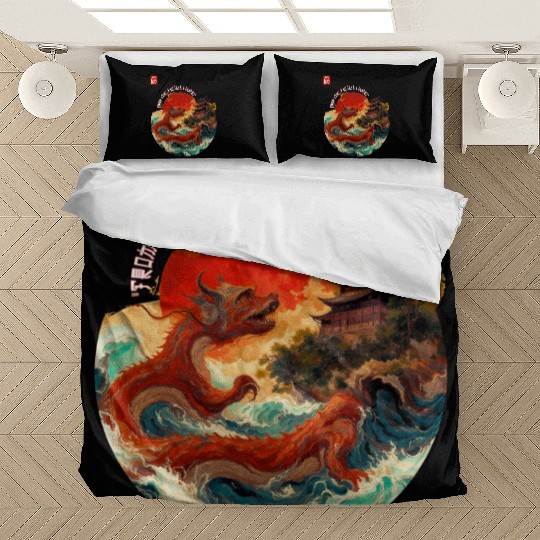 Japanese Dragon and Pagoda Sunset Art Bedding Sets