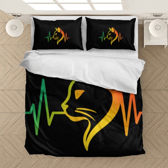 Cool Neon Cat with Glasses and Heartbeat Line Bedding Sets