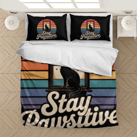Stay Pawsitive Retro Cat Window Starry Night Bedding Sets