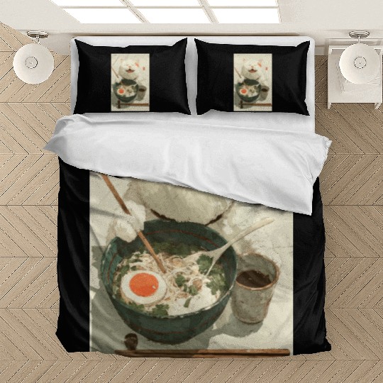 Happy White Cat Eating Ramen Bedding Sets