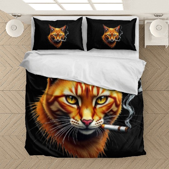 Orange Smoking Cat Bedding Sets |Realistic Cool Cat PNG
