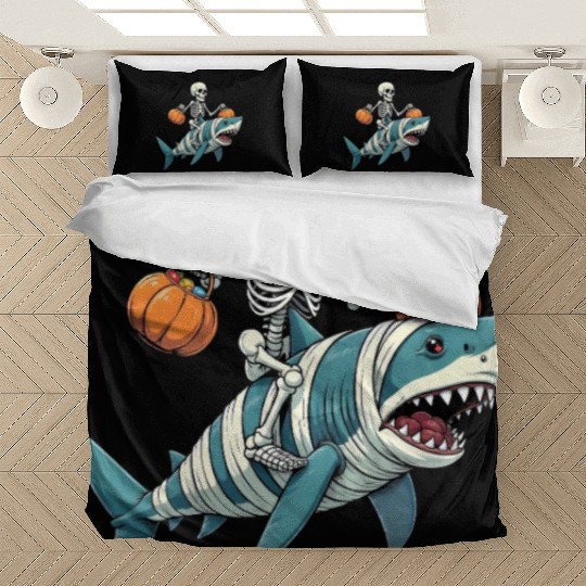 Skeleton Riding Shark Mummy Funny Halloween Bedding Sets