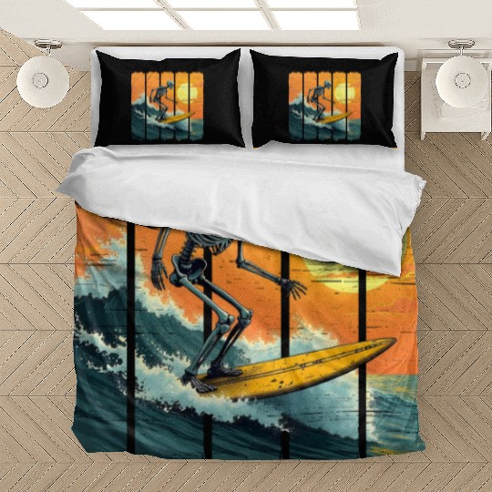 Skeleton Surfer Vintage Surfing Funny Halloween Bedding Sets