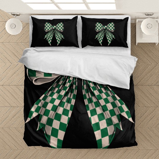 Coquette Bow Cream White Green Checkered Pattern Bedding Sets