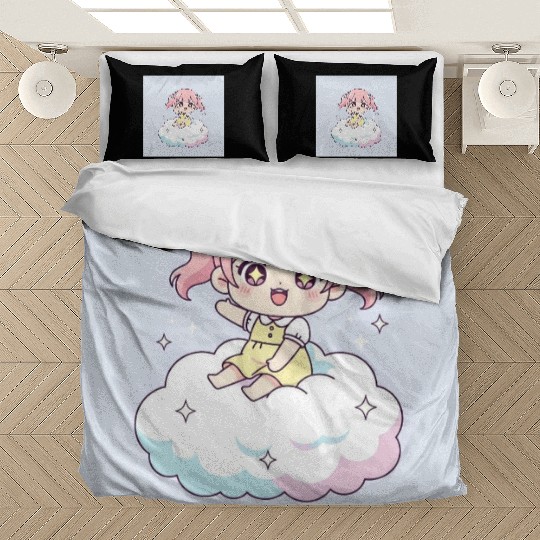 Cute Chibi Girl on Cloud Illustration Bedding Sets