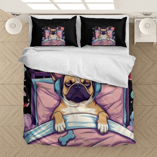 French Bulldog in Bed with Headphones Bedding Sets