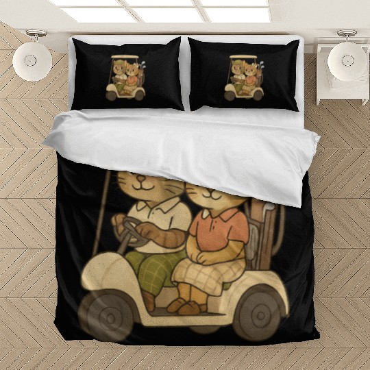 Cat Husband and Wife in Golf Cart Bedding Sets