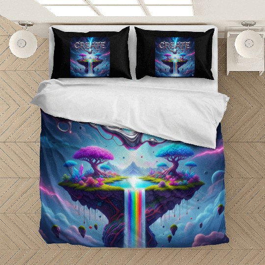 Vivid Floating Island with Rainbow Waterfall Bedding Sets
