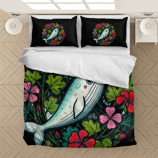Whimsical Narwhal Amid Floral Bloom Bedding Sets
