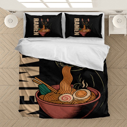 Black Cat Ramen Illustration Bedding Sets