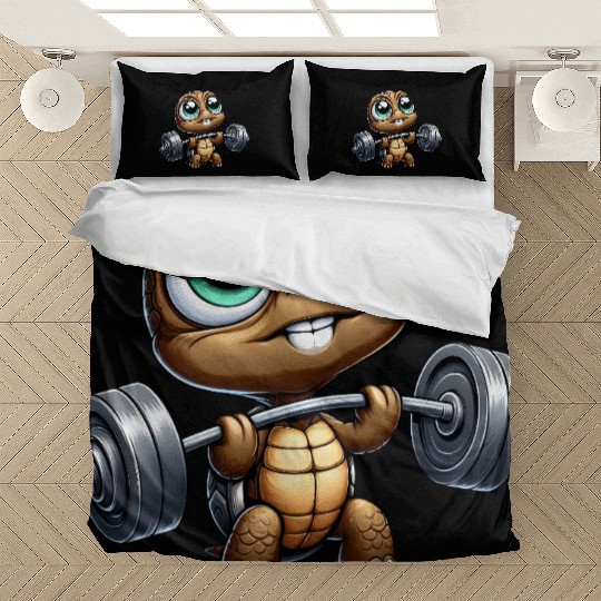 Chibi turtle with barbell weightlifter cartoon Bedding Sets