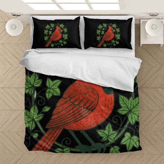 Vibrant Cardinal Amidst Ivy Leaves Bedding Sets