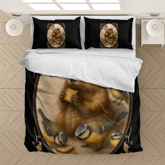 Marmot groundhog cute animal eating with birds Bedding Sets