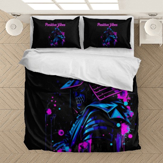 Neon Samurai Skull with Positive Vibes Bedding Sets