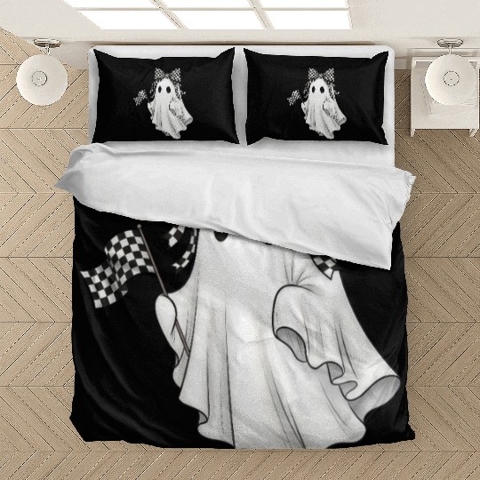 Ghost Boo Checkered Bow Race Day Racing Flag Racer Bedding Sets