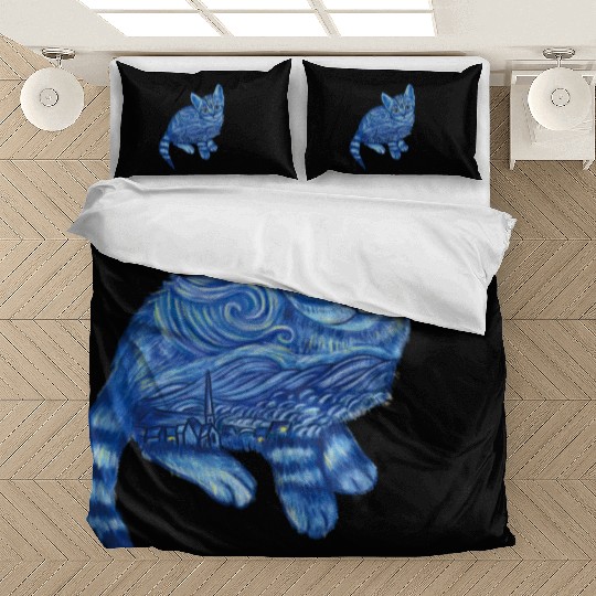 Blue Van Gogh Starry Night Bengal Cat Illustration Bedding Sets