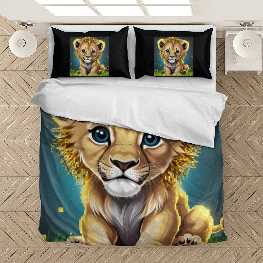 Glowing Pixel Lion Cub Illustration Bedding Sets