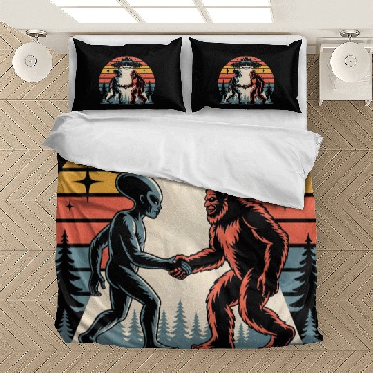 Alien and Bigfoot Retro Sunset UFO Bedding Sets
