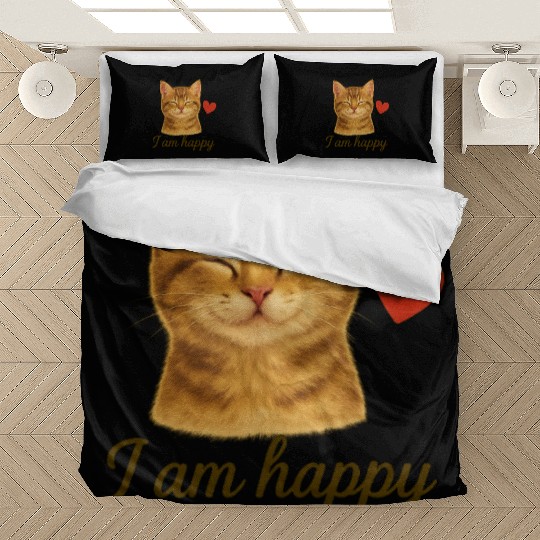I Am Happy – Cute Realistic Cat with Red Heart Bedding Sets