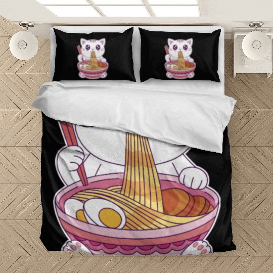 Cute Kawaii Cat Eating Ramen  Bedding Sets