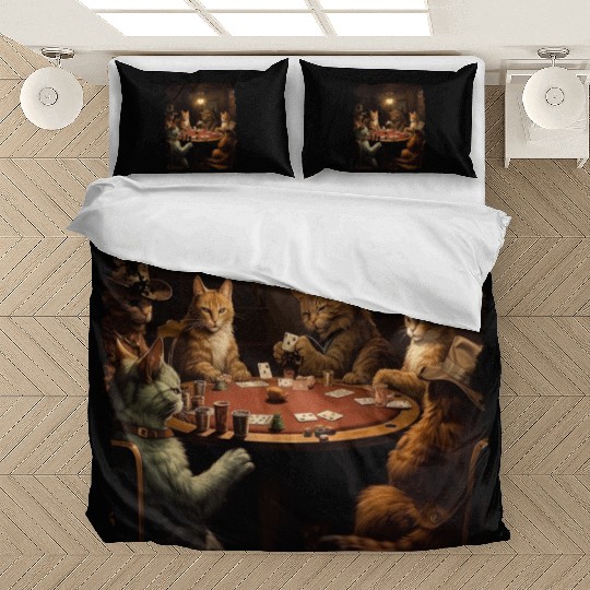 Pop Art Gambling Cat Playing Poker Cards Bedding Sets