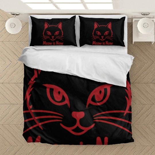 Elegant Cat Face with Bold Red Lines - Meow Is Now Bedding Sets