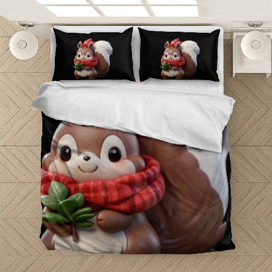 Festive Squirrel with Plaid Hat and Scarf Bedding Sets