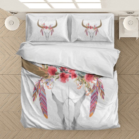 Floral Cow Skull With Feathers Bull Skull Bedding Sets