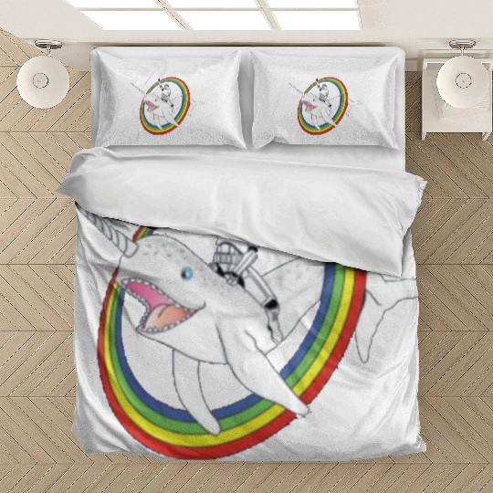 Spaceman riding narwhal through rainbow Bedding Sets