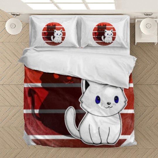 White Comic Cat With Devils With Bedding Sets