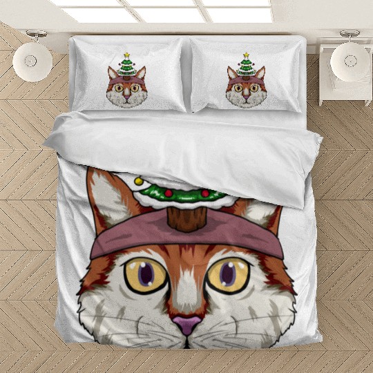 Cute Cat Wearing A Christmas Tree Hat Bedding Sets