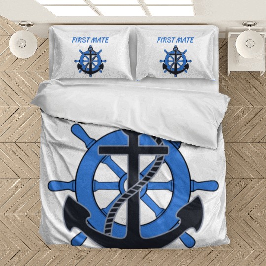 Sailing First Mate blue ships wheel boat anchor Bedding Sets