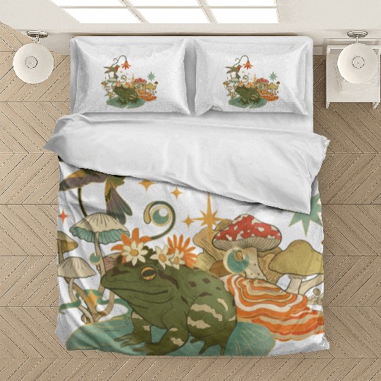 Cottagecore with frog, mushrooms and hummingbird Bedding Sets