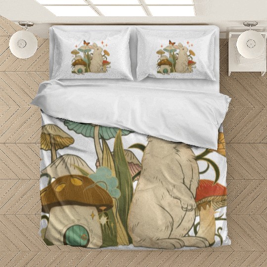 Cottagecore with bunny, mushrooms and butterfly Bedding Sets